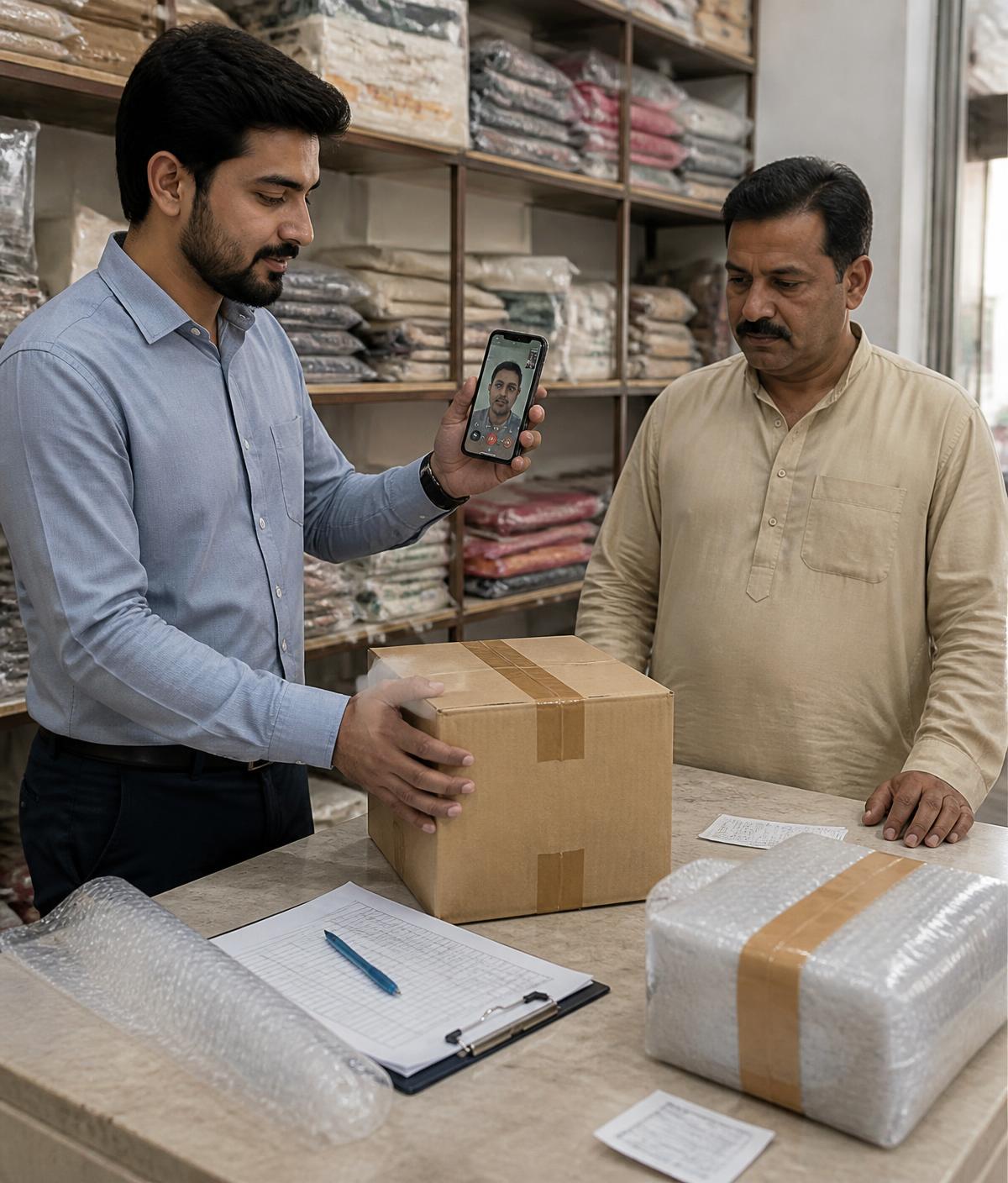 A Personal Buyer representative inspecting a boxed product in a Lahore shop while showing it to the customer on a live video call, with the shopkeeper, an inspection checklist, receipt and a packed parcel on the counter